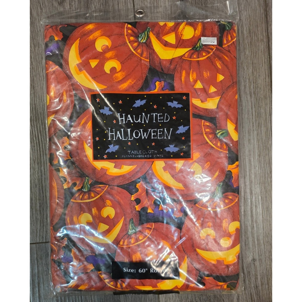 Haunted Halloween Unisex 60" Round Tablecloth Orange Pumpkin Vinyl Flannel Back